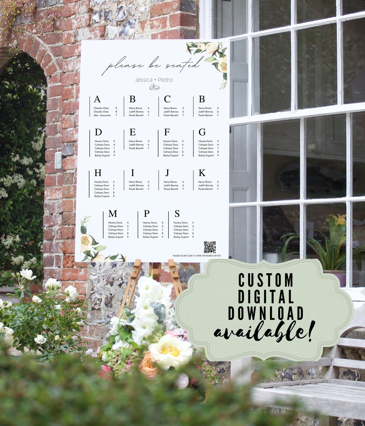 Wedding Reception Seating Chart Sign - Reception seat chart With QR code- Floral reception seating Sign - Wedding Reception - QR code signs