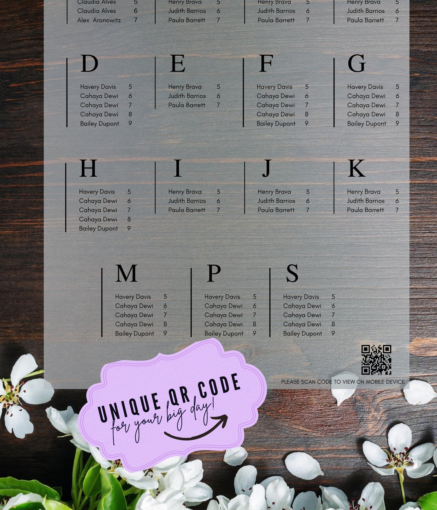 Alphabetical seating chart With QR code, Wedding Reception Seating Sign - Acrylic reception seating Sign - Wedding Reception - QR code signs