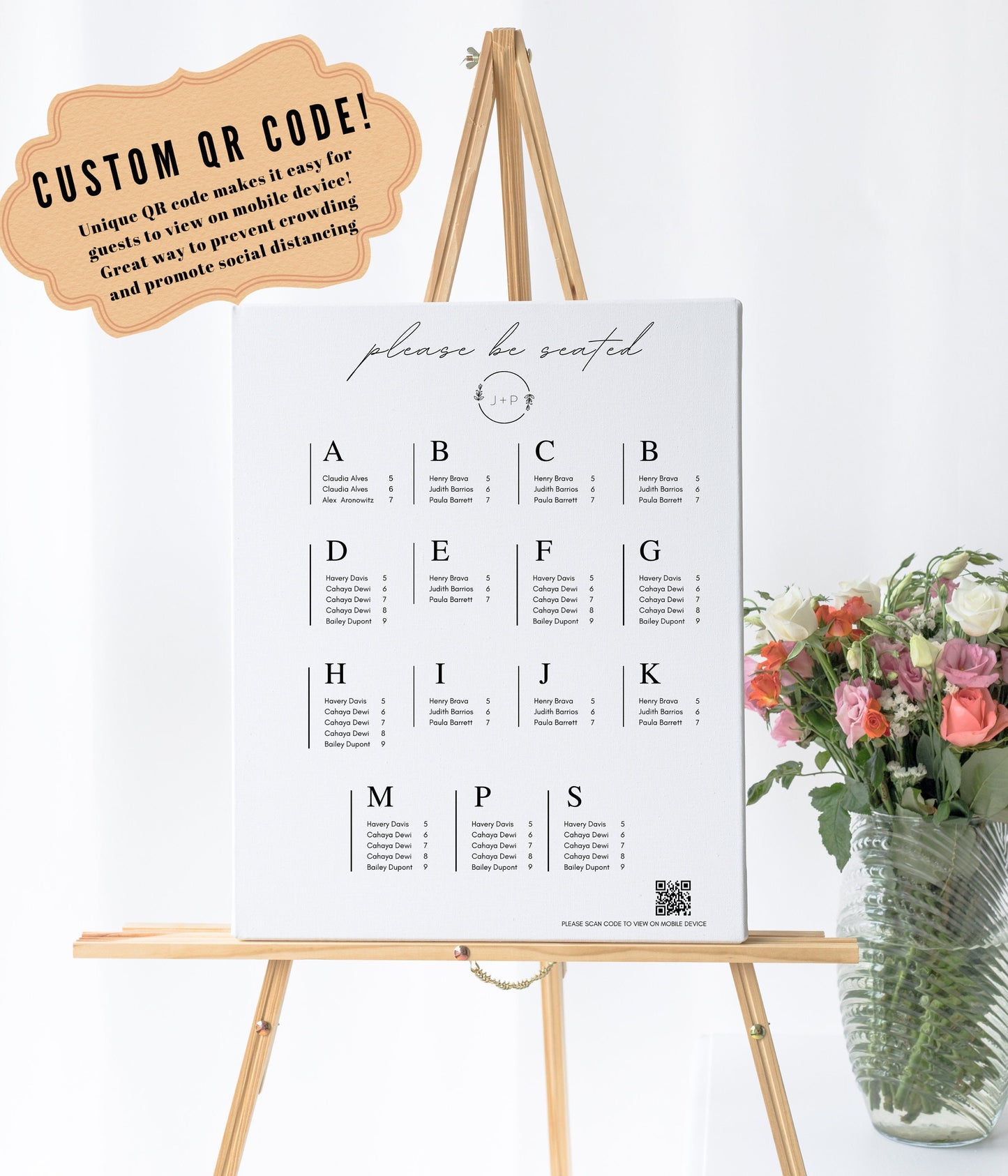 Alphabetical seating chart With QR code, Wedding Reception Seating Sign - Acrylic reception seating Sign - Wedding Reception - QR code signs