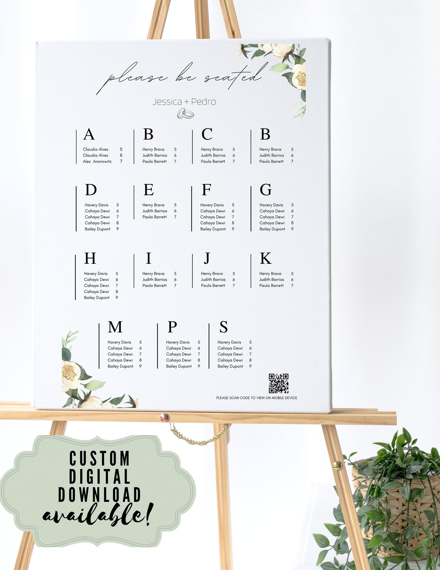 Wedding Reception Seating Chart Sign - Reception seat chart With QR code- Floral reception seating Sign - Wedding Reception - QR code signs