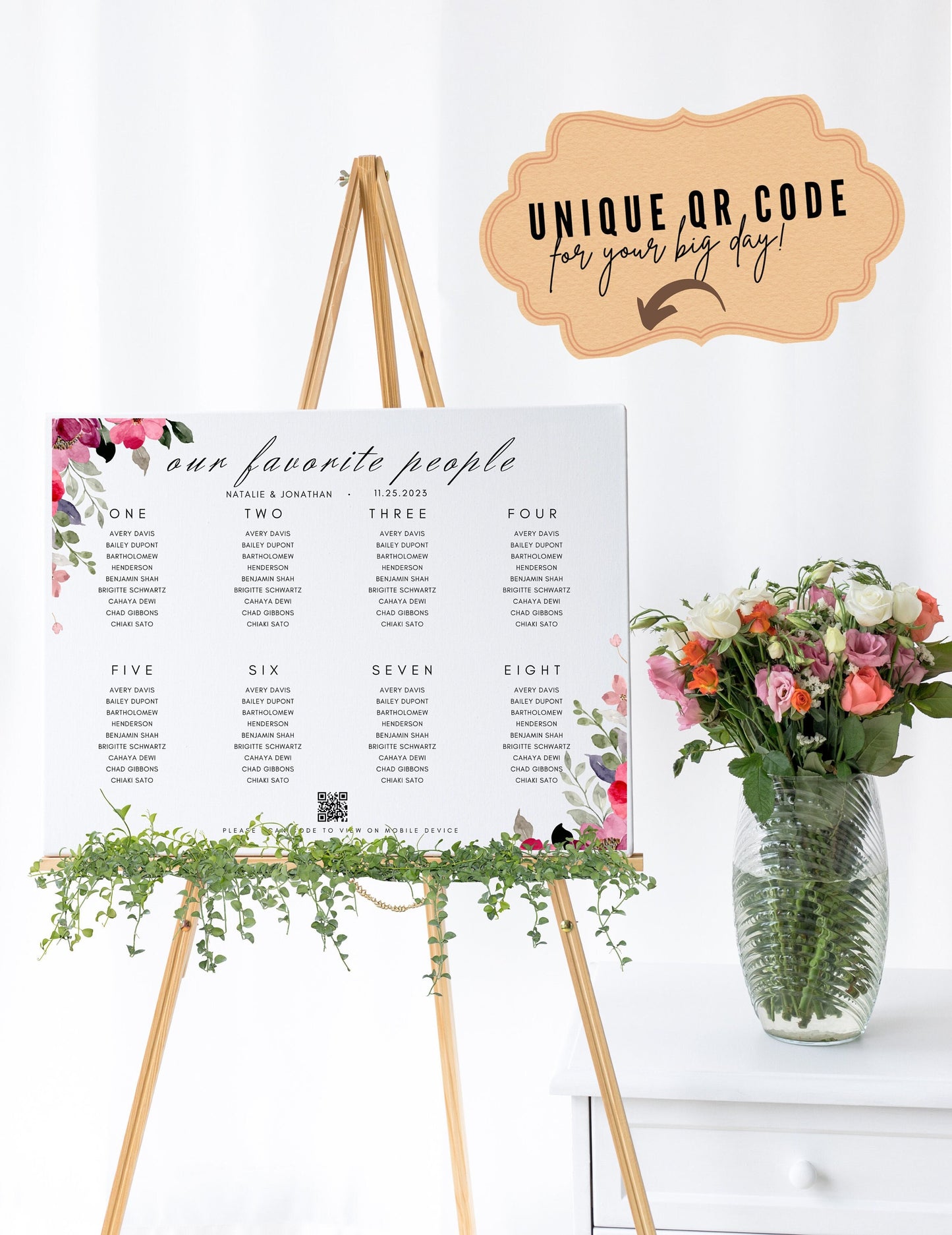 Wedding Reception Seating Chart Sign - Reception seat chart With QR code- Floral reception seating Sign - Wedding Reception - QR code signs