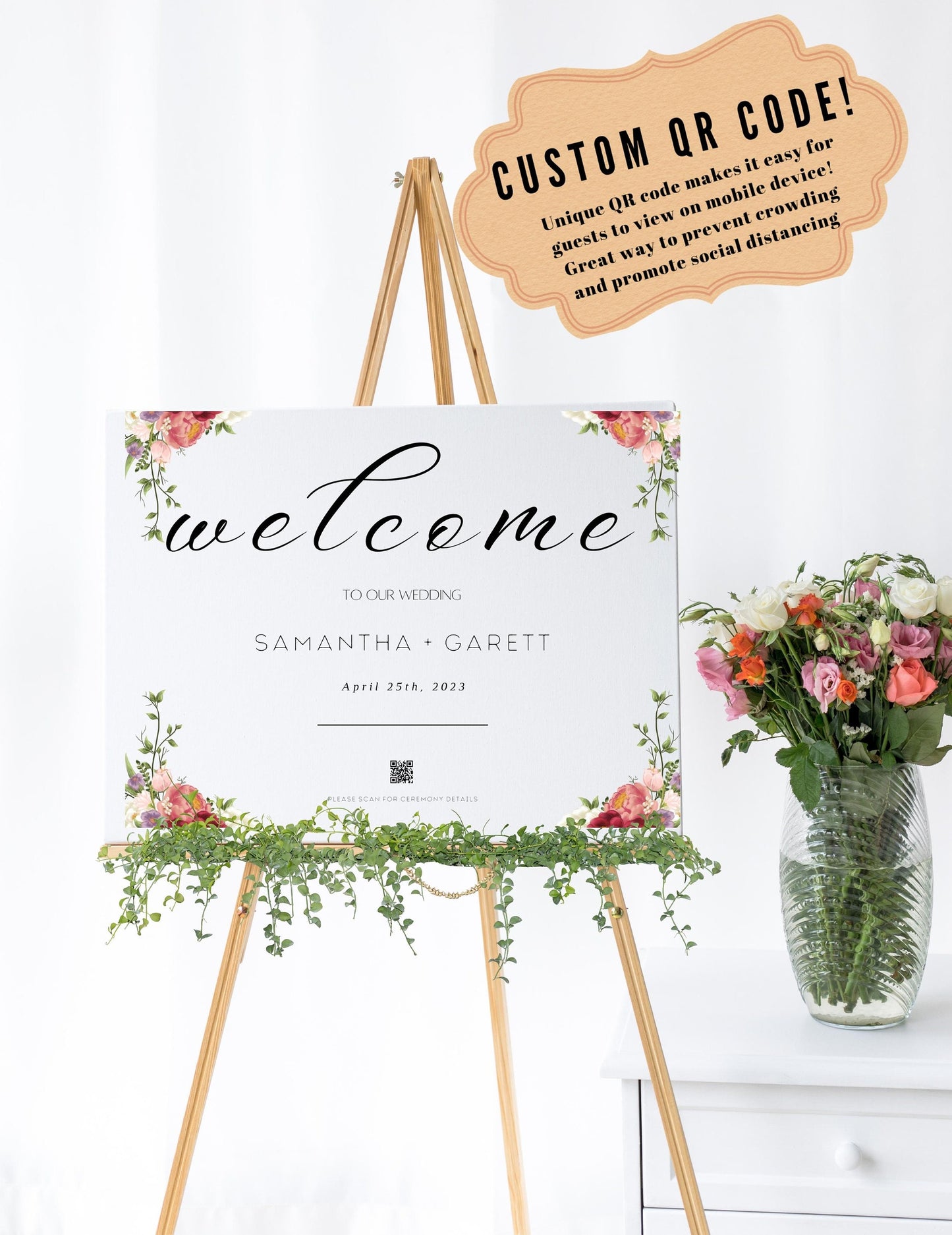 Wedding Welcome Sign - Welcome sign With QR code- Floral wedding sign - WeddingSign - QR code signs