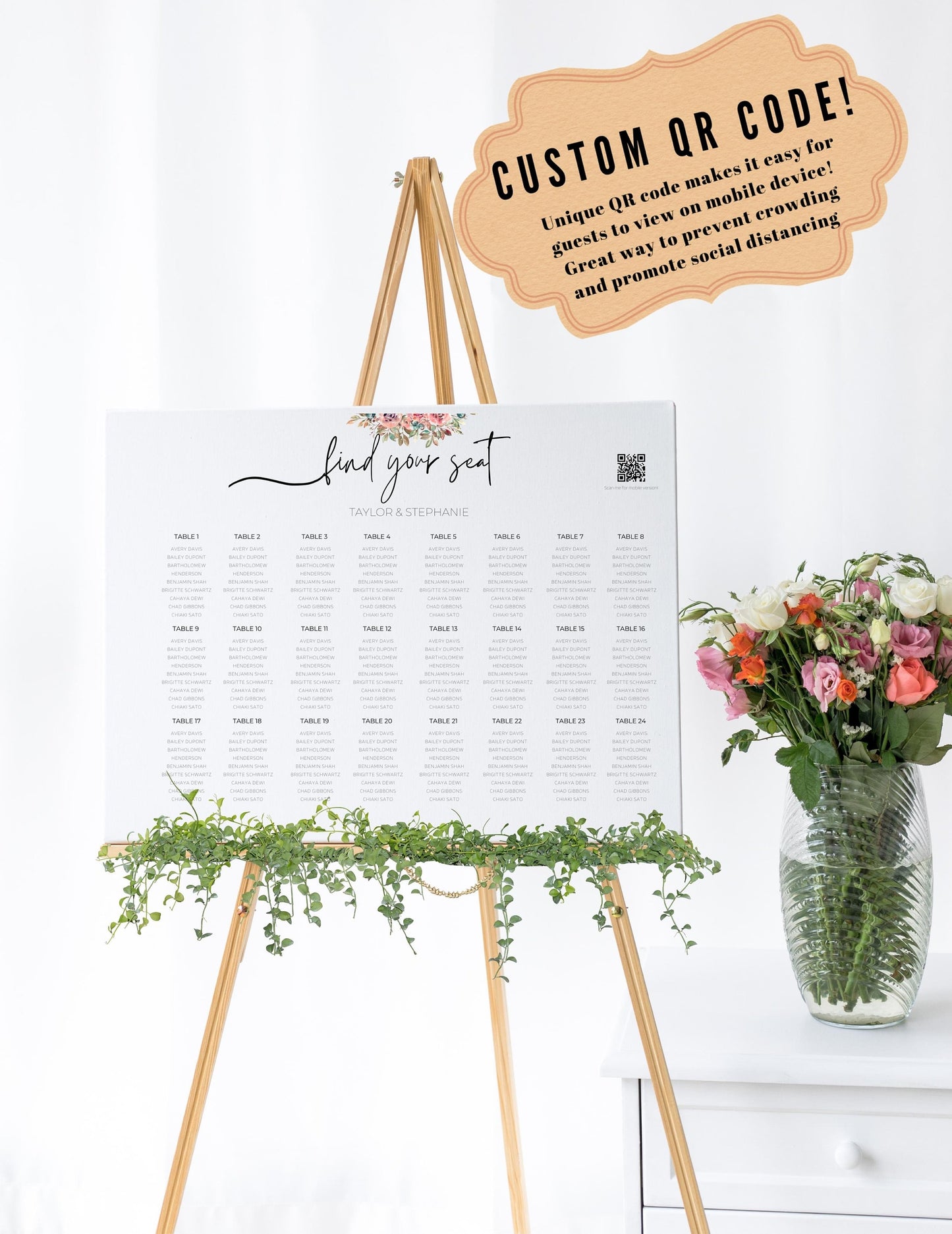 Reception Wedding Seating Chart Sign - Reception seat chart With QR code- Floral reception seating Sign - Wedding Reception - QR code signs