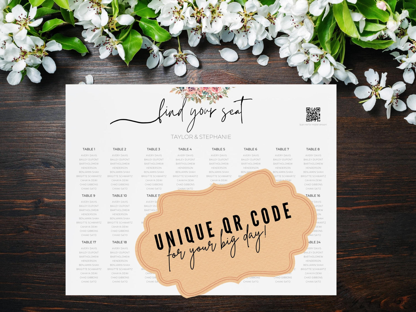 Reception Wedding Seating Chart Sign - Reception seat chart With QR code- Floral reception seating Sign - Wedding Reception - QR code signs