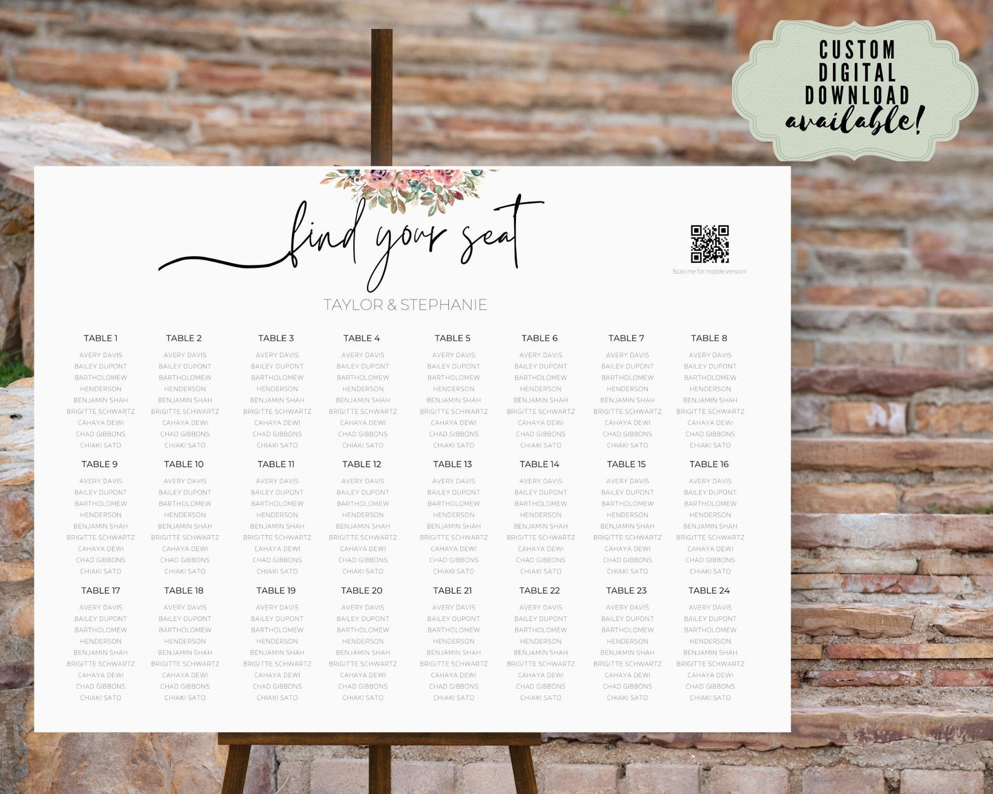 Reception Wedding Seating Chart Sign - Reception seat chart With QR code- Floral reception seating Sign - Wedding Reception - QR code signs